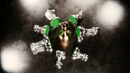 Metal chess pieces lying around golden piece on metal floor