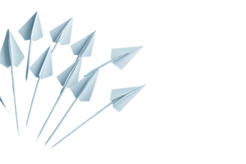Group of white paper airplanes pointing up on left, solid black background