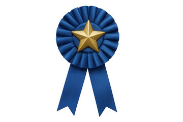 Blue ribbon prize award displaying golden star symbol for achievement, excellence, first place winner recognition