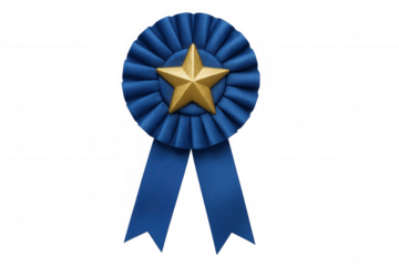 Blue ribbon prize award displaying golden star symbol for achievement, excellence, first place winner recognition