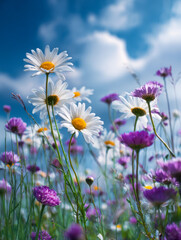 Vibrant meadow of white daisies and purple wildflowers blooming tall under a bright blue sky with fluffy clouds on a sunny day in springtime nature