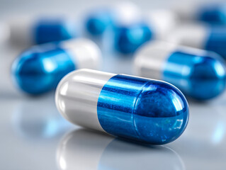 Macro view of blue and white pharmaceutical capsules scattered on a reflective surface with focus on a single pill in the foreground