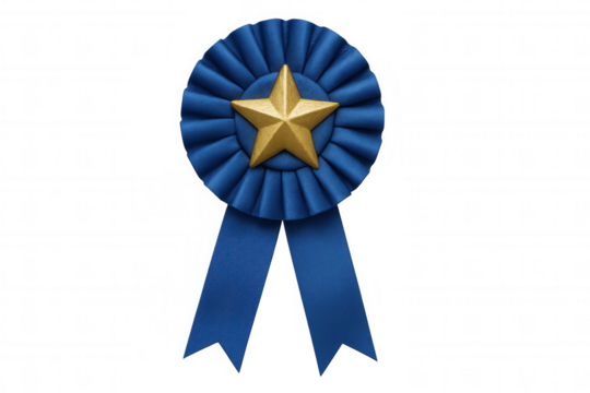 Blue ribbon prize award displaying golden star symbol for achievement, excellence, first place winner recognition