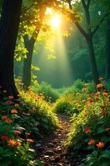 Golden Hour Sunlight Illuminates Lush Green Forest, Dappled Light on Wildflowers and Ferns ? Perfect for Summer Nature and Travel