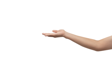 A hand with an open palm extended forward, isolated on a clean gray background. Perfect for concepts of offering, giving, receiving, or holding an invisible object. There is ample negative space for t