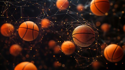 Basketball Network: Floating basketballs connected by a network of lines and nodes, symbolizes interconnectedness, data flow, and the essence of the sport itself. 