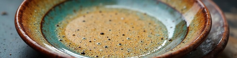 Rustic Handcrafted Pottery Plate Earthy Speckled Glaze, Close-up Macro Shot Perfect for Food Styling or Home Decor