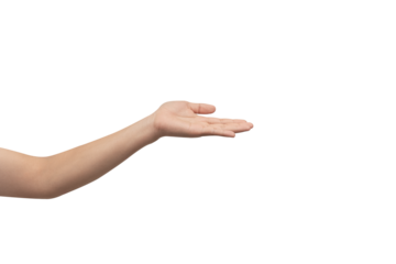 A hand with an open palm extended forward, isolated on a clean gray background. Perfect for concepts of offering, giving, receiving, or holding an invisible object. There is ample negative space for t