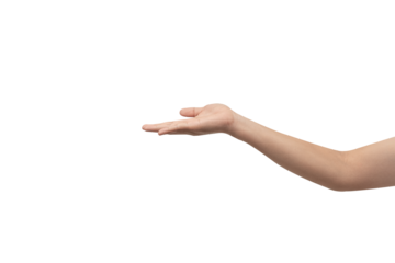 A hand with an open palm extended forward, isolated on a clean gray background. Perfect for concepts of offering, giving, receiving, or holding an invisible object. There is ample negative space for t