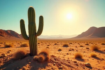 Lone Cactus in Desolate Landscape Scorching Sun, Intense Heat, and Parched Earth Emphasize Isolation