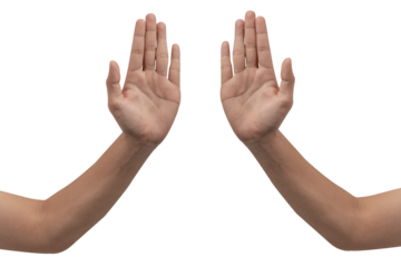 A hand with an open palm extended forward, isolated on a clean gray background. Perfect for concepts of offering, giving, receiving, or holding an invisible object. There is ample negative space for t