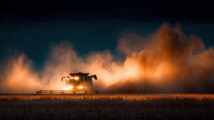 Fototapeta premium Harvesting wheat by combine harvester at dusk with dramatic glow