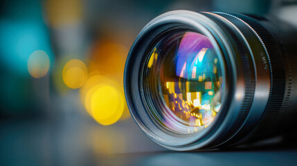 Detailed view of a camera lens capturing vibrant reflections with colorful bokeh lights creating a vivid and artistic photographic atmosphere in the background