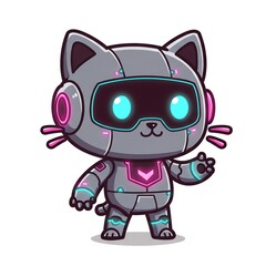 Naklejka premium A cartoon robot cat with blue glowing eyes and pink accents