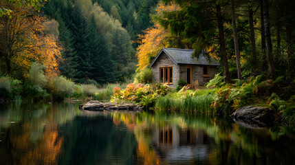 Obraz premium Tiny home on forest edge facing still lake reflecting autumn colors 