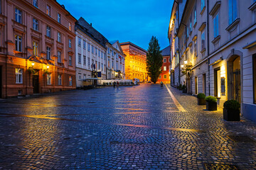Evening view of an illuminated Piazza Nuova, or Novi Trg, one of the oldest town squares along the...