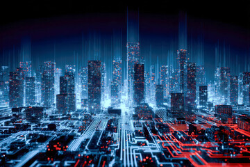 Futuristic digital cityscape with skyscrapers glowing in neon blue and red circuits, illustrating advanced technology and interconnected urban networks at night