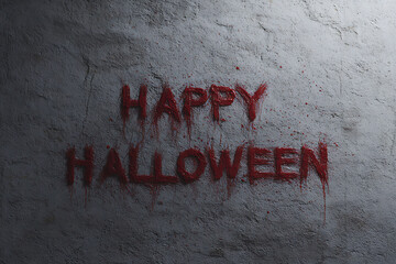 horror movie poster, red paint splatters cover a white wall with happy halloween in a horror movie poster style, evoking a dramatic and spooky atmosphere