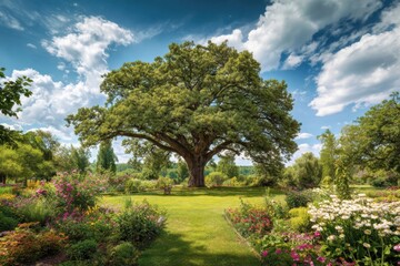 Obraz premium A majestic tree towers in the center of a peaceful garden, embraced by vibrant flowers and verdant grass. Bright sunlight and fluffy clouds create a serene and uplifting atmosphere.