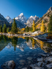 Stunning alpine mountain range with snow-capped peaks reflected in a crystal-clear lake surrounded by vibrant autumn trees and rocky shoreline under bright blue sky