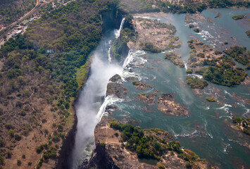 Victoria falls, a view from a helicopter in December, between Zimbabwe and Zambia