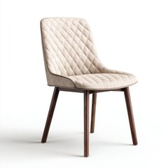 Obraz premium A stylish modern dining chair featuring a quilted light beige upholstery and elegant wooden legs, isolated against a clean white background, exuding sophistication and comfort.
