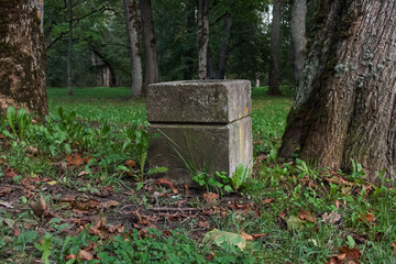Nature meets man-made: a weathered concrete park urn with texture detail, set against a backdrop of green grass and dark trees in J&otilde;hvi, Estonia.