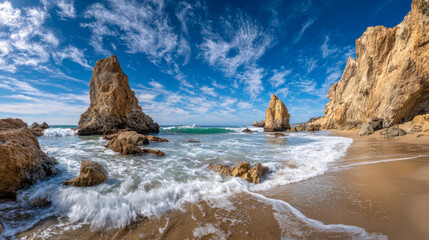 Serene coastal landscape featuring rugged cliffs and dramatic rock formations with waves gently washing over a sandy beach under a vibrant blue sky with wispy clouds