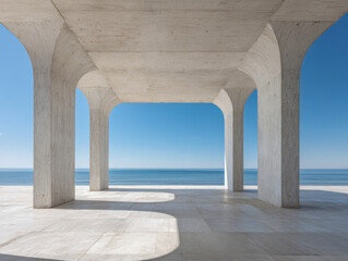 Fototapeta premium Minimalist architectural concrete structure with elegant arches framing a tranquil ocean view under a clear blue sky on a bright sunny day