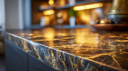 Obraz premium Close-up of a polished black marble countertop with golden veins reflecting ambient warm lighting in a modern kitchen interior setting