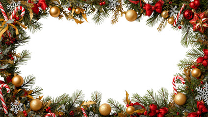 "Festive Christmas border with evergreen branches, ornaments, candy canes, ribbons, and stars surrounding a blank white space for holiday greetings, cards, or seasonal messages.