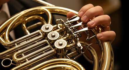 Fototapeta premium Detail of hand on a shiny brass French horn, celebrating the beauty of classical music and dedication to the orchestra