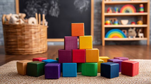 Colorful wooden building blocks arranged in a pyramid shape on a rug with classroom toys and a chalkboard in the cozy learning environment background
