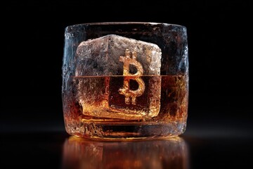 bitcoin symbol carved in ice cube floating in whiskey glass, surreal crypto trading concept