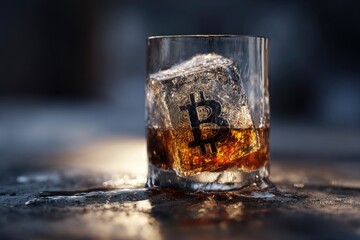 bitcoin symbol carved in ice cube floating in whiskey glass, surreal crypto trading concept