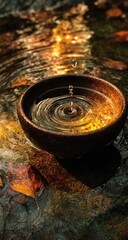 Water droplet swirls in a dark wooden bowl, surrounded by autumn leaves and rocks. Sunlight glints on the water