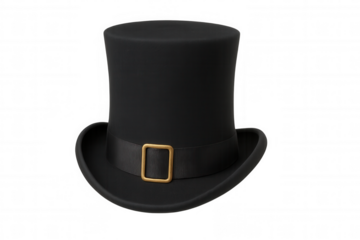 Black top hat with ribbon and golden buckle, representing elegance, formal wear, and magic concepts
