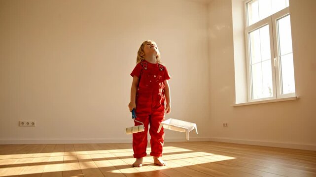 A small child wearing red overalls stands barefoot in an empty room with wooden floors, holding a paint roller and tray, looking up with wonder and excitement vector illustration