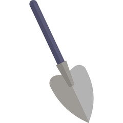A gray shovel with a blue handle sits against a transparent background, a simple garden tool for digging and landscaping tasks
