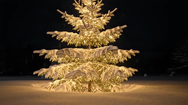 A beautifully decorated christmas tree covered in snow and illuminated with warm lights, standing in a snowy field at night, creating a festive and magical atmosphere vector illustration