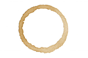 Coffee spill stain forming a brown ring, creating a textured mark on transparent background