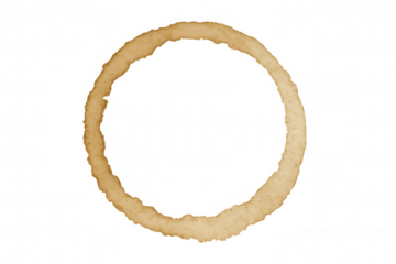 Coffee spill stain forming a brown ring, creating a textured mark on transparent background