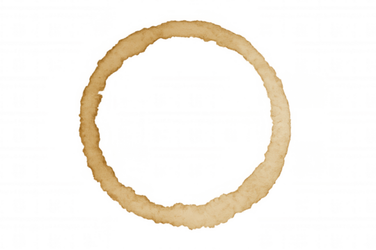 Coffee spill stain forming a brown ring, creating a textured mark on transparent background