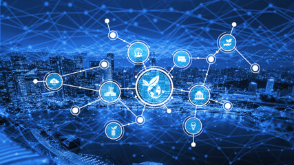 This illustration depicts a futuristic network technology concept, featuring interconnected icons above a sleek city skyline, representing smart city initiatives and ecology. Tessel