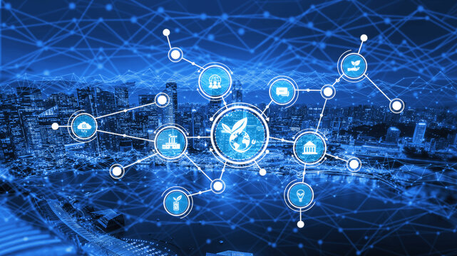 This illustration depicts a futuristic network technology concept, featuring interconnected icons above a sleek city skyline, representing smart city initiatives and ecology. Tessel - Powered by Adobe