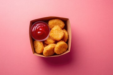 Crispy fried nuggets in a cardboard box with ketchup