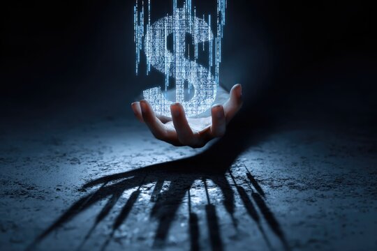 hand holding holographic dollar sign with candlestick shadows, surreal finance stock image