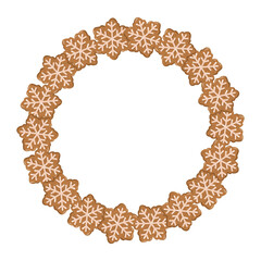 Round frame with gingerbread snowflake cookies in Christmas style. Cartoon Vector isolated illustration on white background. 