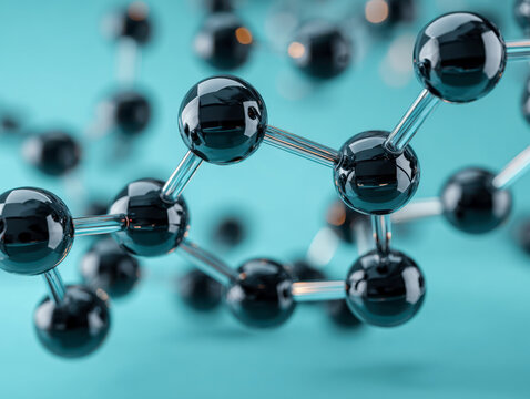 Detailed 3d rendering of interconnected black spheres and rods representing molecular structure concept on a soft blue background for scientific visualization