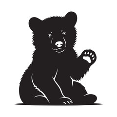 Minimalist bear cub icon – stylized silhouette of sitting bear with raised paw, fluffy texture, and friendly face for wildlife design, children’s visuals, and nature-themed graphics.